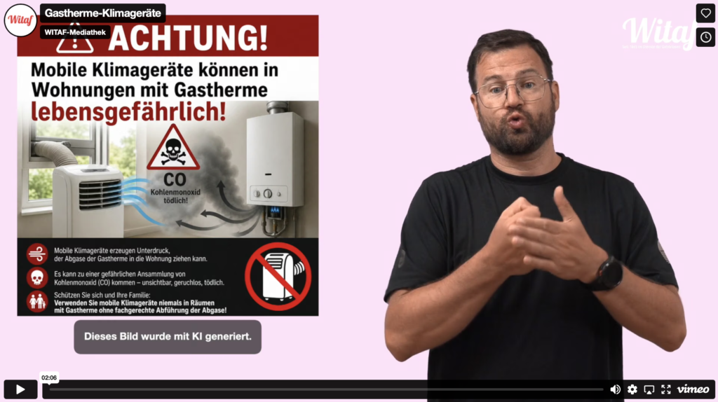 Links ein rotes Warnposter mit großem Schriftzug „ACHTUNG!“ und dem Text: „Mobile Klimageräte können in Wohnungen mit Gastherme lebensgefährlich!“; darunter ein CO‑Gefahrensymbol (Totenkopf) und die Warnung „Kohlenmonoxid tödlich!".