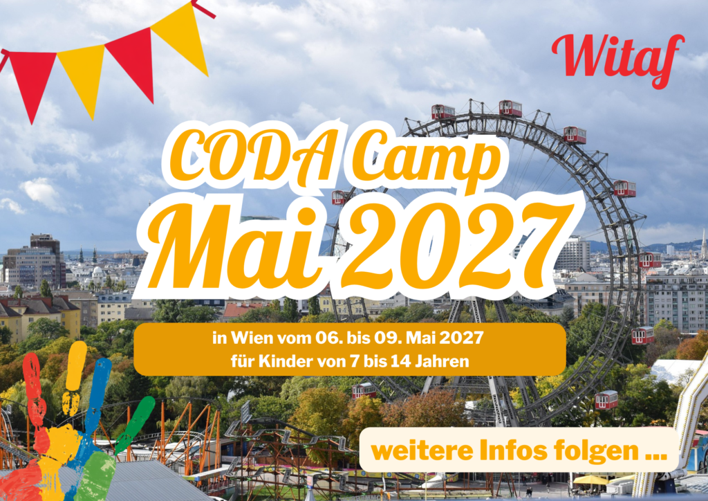 Anküdnigungsflyer für das Coda Camp im Mai 2026 (6.-9. Mai 2026 für Kinder im Alter von 7-14 Jahren). Hintergrundbild Wiener Prater mit Riesenrad.