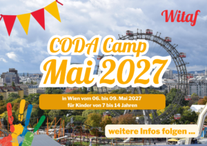 Anküdnigungsflyer für das Coda Camp im Mai 2026 (6.-9. Mai 2026 für Kinder im Alter von 7-14 Jahren). Hintergrundbild Wiener Prater mit Riesenrad.