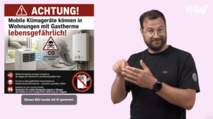 Bild vom Infovideo mit Florian Gravogl rechts und links eine Beschreibung der Gefahrenquelle Klimagerät mit Gastherme