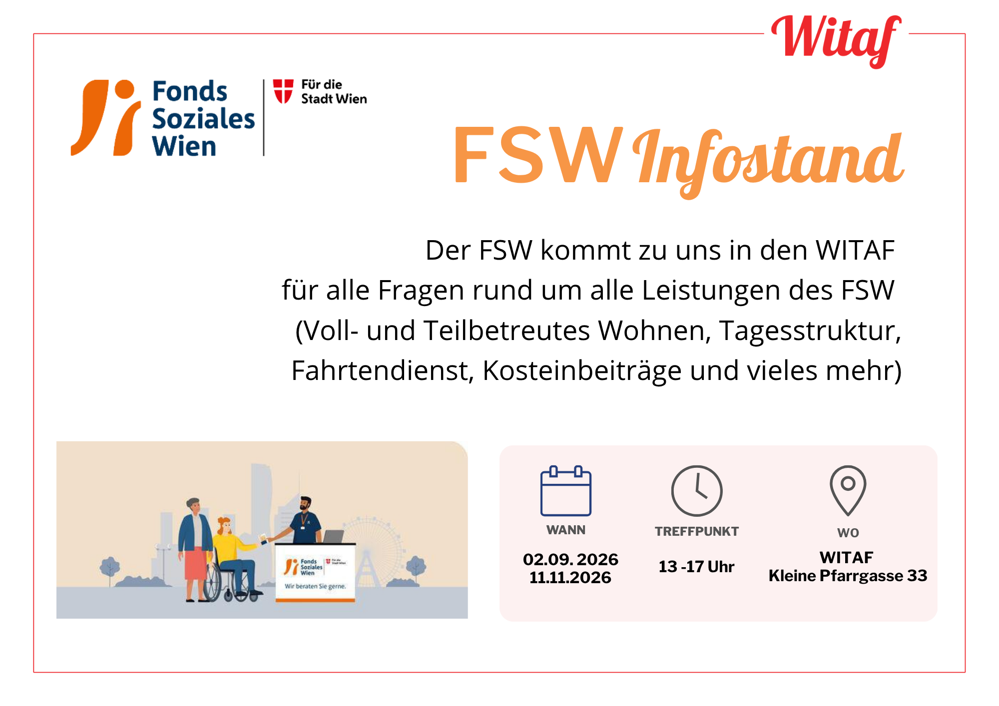 Infoblat zum FSW Infostand im WITAF (Termine: 2. September von 13:00 bis 17:00 Uhr und 11. November von 13:00 bis 17:00 Uhr)