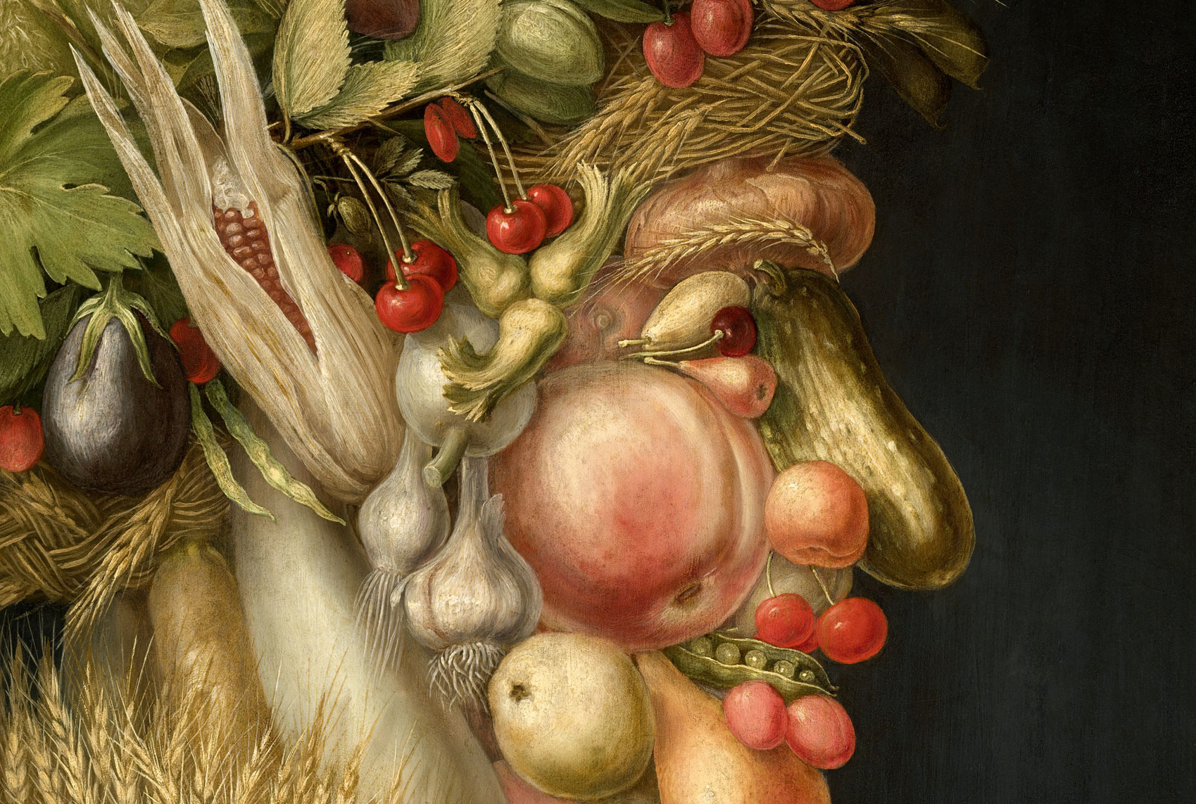 Ein kunstvolles Arrangement von Obst und Gemüse, darunter Äpfel, Gurken, Tomaten, Knoblauch und Mais, kreativ zu einem Gesicht geformt. Die Farben sind lebendig und die Details sind präzise, was eine harmonische Verbindung zur Natur zeigt.
