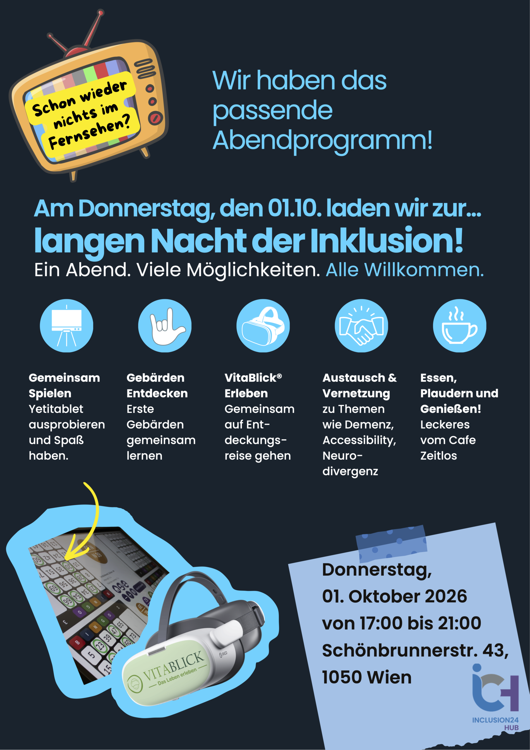 Einladung zur Langen Nacht der Inklusion am 1. Oktober 2026, 17–21 Uhr, Schönbrunnerstraße 43, 1050 Wien. Mit Spielen, Gebärden, VitaBlick, Austausch und Café.