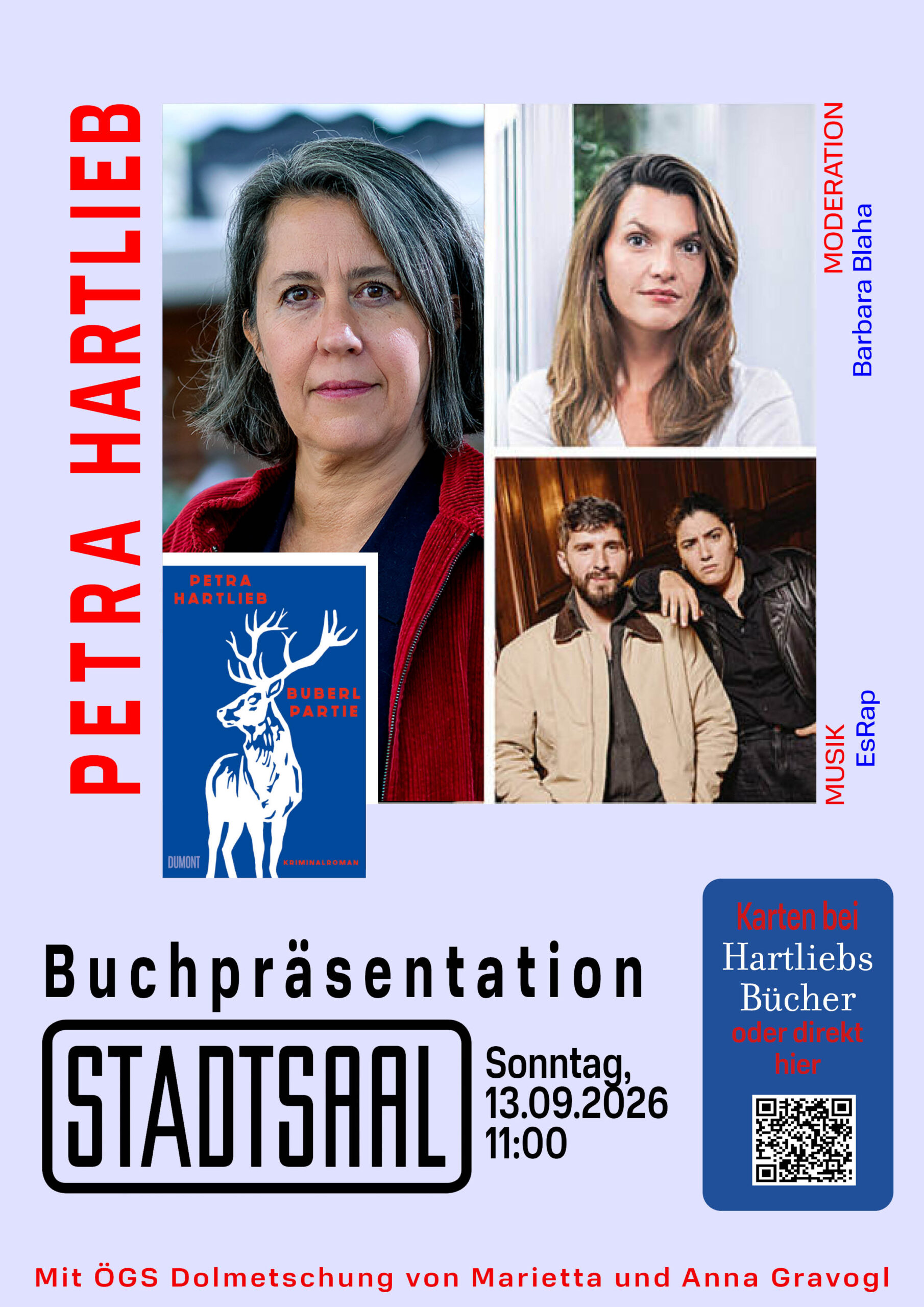 Werbeplakat für eine Buchpräsentation mit Fotos von Buchpräsentation von Petra Hartlieb, und weiteren 3 Personen und ihrem neuen Buch