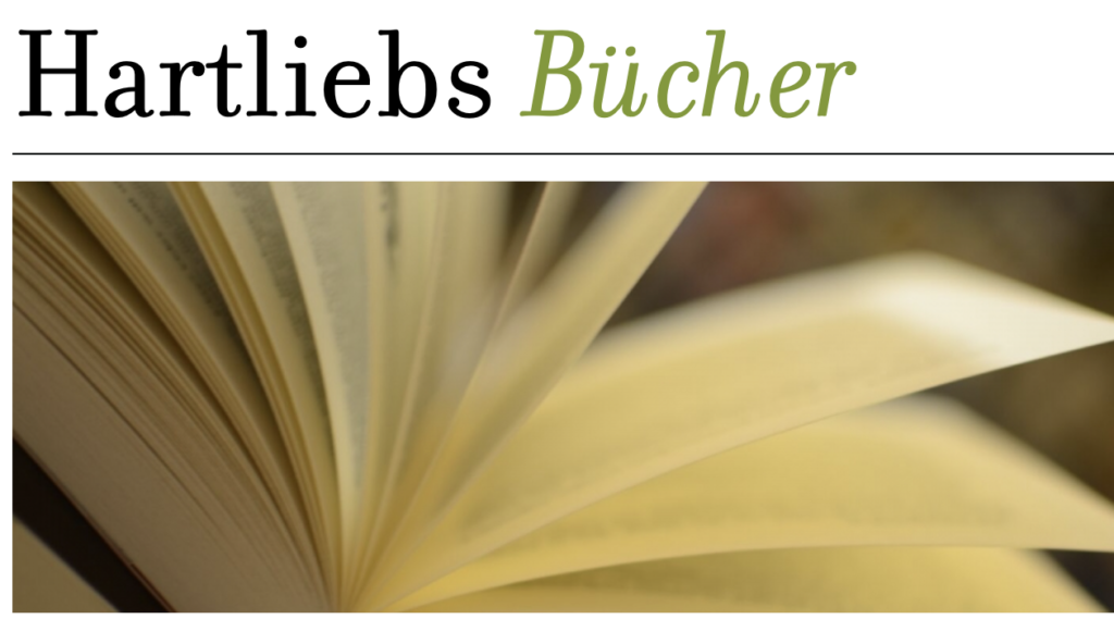 Nahaufnahme von blätternden Buchseiten. Darüber der Name "Hartliebs Bücher"