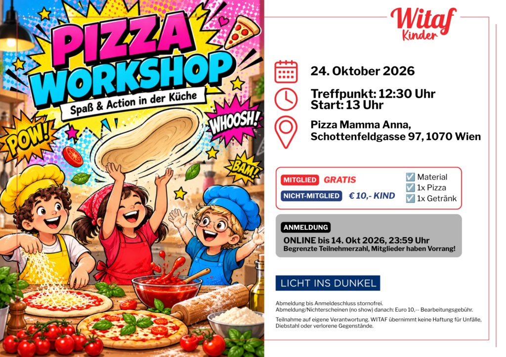 Plakat WITAF Kinder: Pizza Workshop am 24. Oktober 2026, Treffpunkt 12:30 Uhr, Start 13 Uhr, Pizza Mamma Anna, Schottenfeldgasse 97, 1070 Wien. Mitglieder gratis, Nicht-Mitglieder 10 Euro pro Kind, inklusive Material, Pizza und Getränk. Anmeldung online bis 14. Oktober. Illustration von drei Kindern beim Pizzabacken im Comic-Stil.