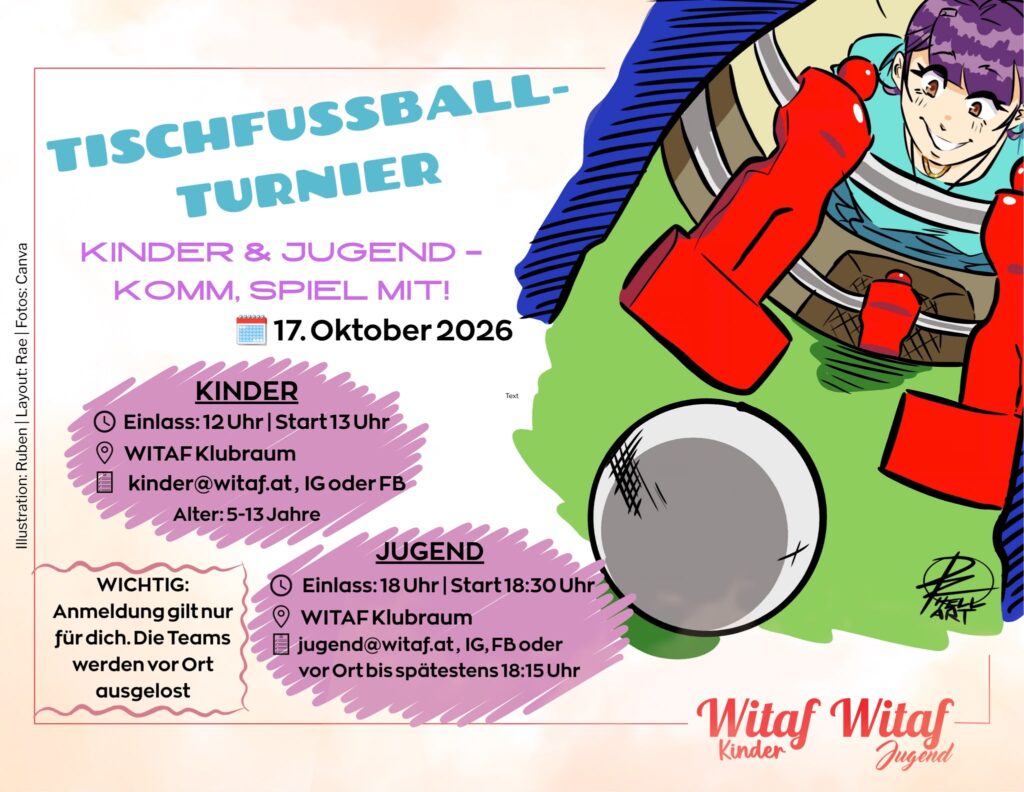 Flyer Tischfußball-Turnier: Comic-Illustration eines lächelnden Mädchens beim Tischfußballspielen, daneben die Turnierinfos für Kinder und Jugend am 17. Oktober 2026.